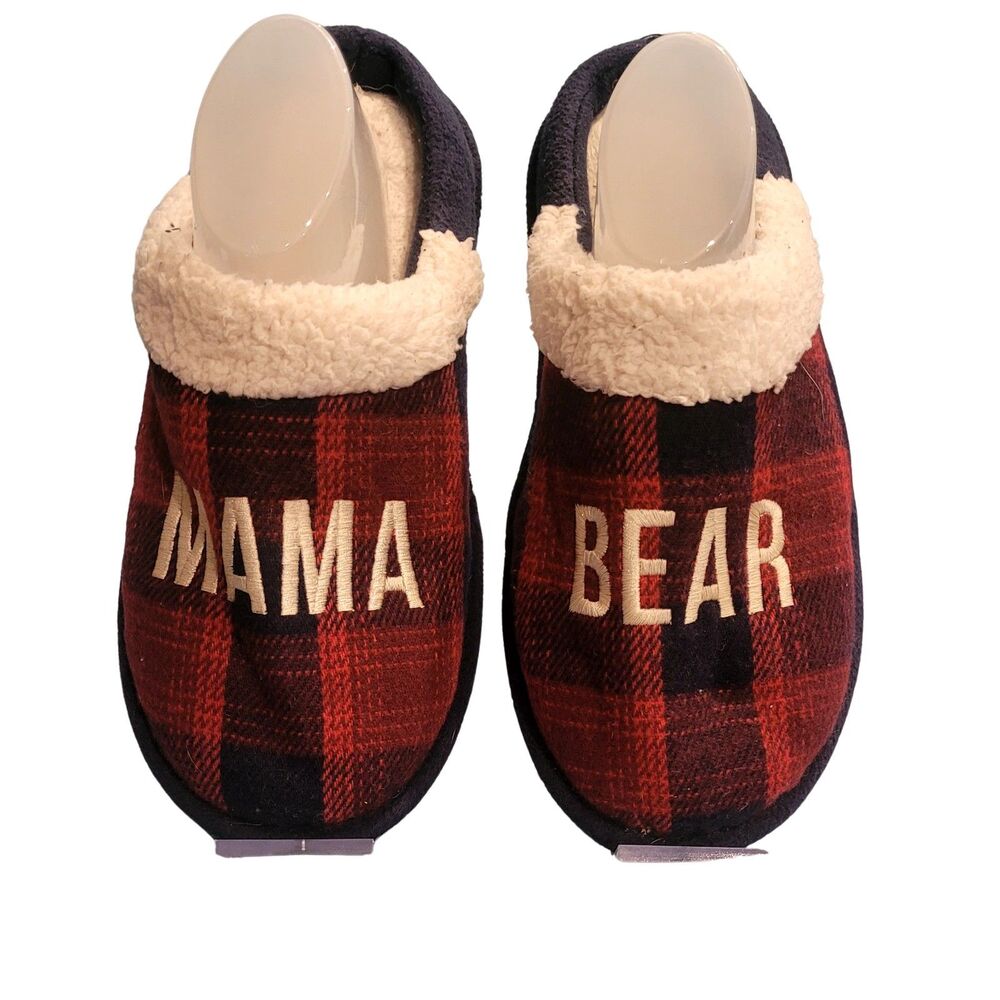 NWOT Dearfoam Slippers Mama Bear Fleece Lined Slip On Winter Plaid Red Black